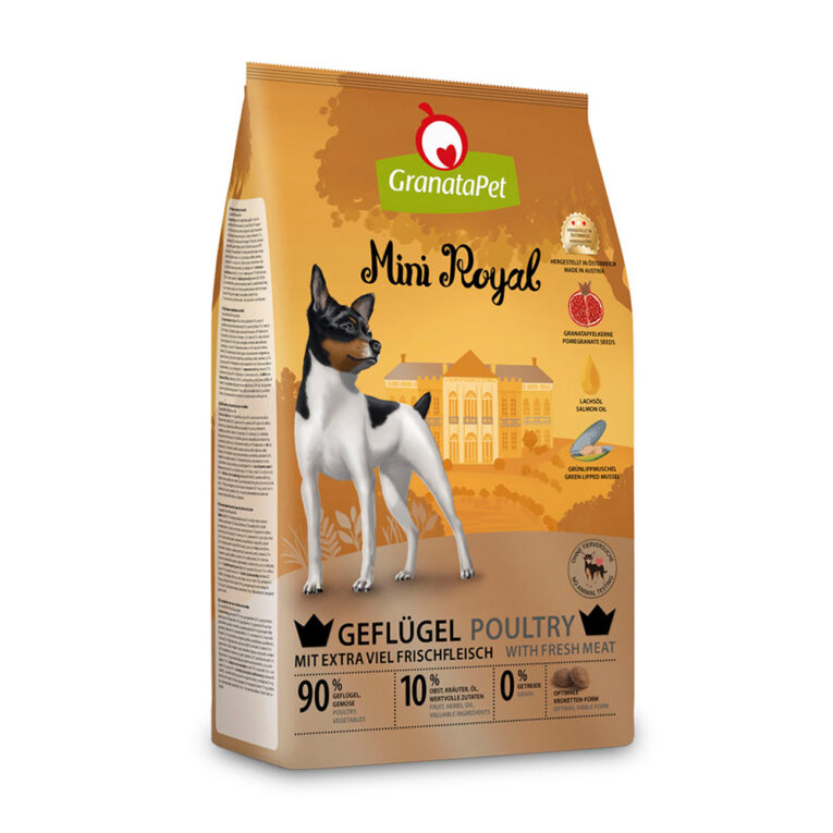 GranataPet - Trockenfutter - Mini Royal Geflügel GranataPet Mini Royal Geflügel eignet sich als Alleinfutter für ausgewachsene Hunde kleinerer Rassen bis zu einem Körpergewicht von 10kg. Die ausgewogene Rezeptur kombiniert schmackhaftesGeflügel mit ausgewählten Zutaten aus der Natur. Verschiedene Kräuter