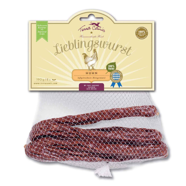 Terra Canis - Hundesnack - Lieblingswurst Huhn (getreidefrei) Die Lieblingswurst von Terra Canis ist ein getreidefreies Leckerchen auf reiner Fleischbasis. Das leckere Fleisch vom Huhn ist schonend im Naturdarm luftgetrocknet. Biss für Biss pures Fleisch. Der Hundesnack Lieblingswurst besteht aus Zutaten in Lebensmittelqualität. Auf die Zugabe von synthetischen Zusatzstoffen