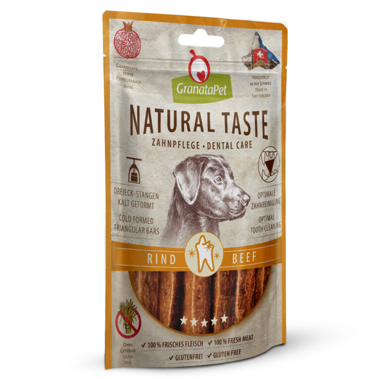 GranataPet – Snack – Natural Taste Dental Care Rind Natural Taste Dental Care Rind von GranataPet ist ein schmackhafter Snack aus hochwertigem Frischfleisch vom Rind. Er eignet sich für Hunde aller Rassen und kann zur Zahnreinigung eingesetzt werden. Durch die dreieckige Form und der elastisch resistenten Struktur kommt der Snack optimal in Kontakt mit den Zähnen