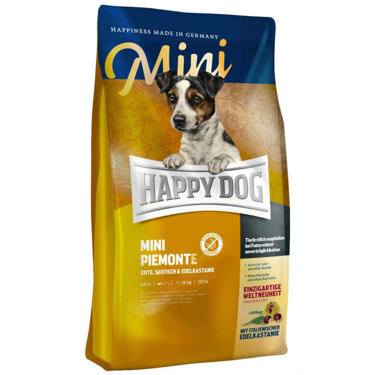Happy Dog - Trockenfutter - Supreme Mini Piemonte (getreidefrei) Happy Dog Supreme Mini Piemonte überzeugt Ihren kleinen Liebling durch einzigartige Köstlichkeiten der südländischen Küche. Durch eine getreide- und glutenfreie Rezeptur ohne Kartoffeln ist es auch für sensible und aktive Hunde bestens geeignet und besonders gut verträglich. Das Trockenfutter mit hochverdaulicher Ente und der seltenen Zutat italienische Edelkastanie versorgt den Hund mit vielen wichtigen Omega-3- und Omega-6-Fettsäuren und kann so zu einer gesunden Haut und einem glänzenden Fell beitragen. Der Extrakt der Neuseeland-Muschel kann die Gelenke des Tieres unterstützen. Das Trockenfutter wird zudem nach strengsten Kontrollen in Deutschland hergestellt. Das eigens konzipierte Happy Dog Natural Life Concept kombiniert in Supreme Mini Piemonte die natürlichen Zutaten
