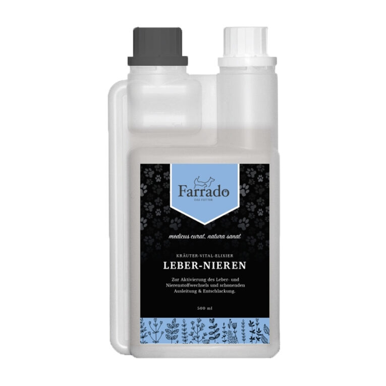 Farrado - Ergänzungsfutter - Kräuter-Vital-Elixier Leber-Nieren (getreidefrei) Das getreidefreie Ergänzungsfutter Farrado Kräuter-Vital-Elixier Leber-Nieren kann durch seine Kombination aus verschiedenen Heilkräutern den Organismus Ihres Hundes stärken. Im Fokus dieses Elixiers steht die Mariendistelfrucht mit entgiftenden und leberstärkenden Eigenschaften und Löwenzahnwurzel und -blätter