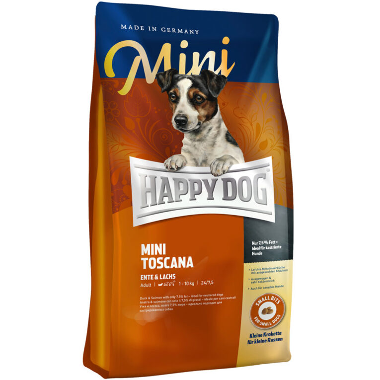 Happy Dog - Trockenfutter - Supreme Mini Toscana Happy Dog Supreme Mini Toscana überzeugt Ihren kleinen Liebling durch die spezielle und Anpassung auf die Ernährungsbedürfnisse kleiner Hunde. Das Trockenfutter von Happy Dog ist ein glutenfreies und schmackhaftes Hundefutter mit Ente und Lachs für ernährungssensible Hunde kleiner Rassen. Durch den mäßigen Fettgehalt von 7