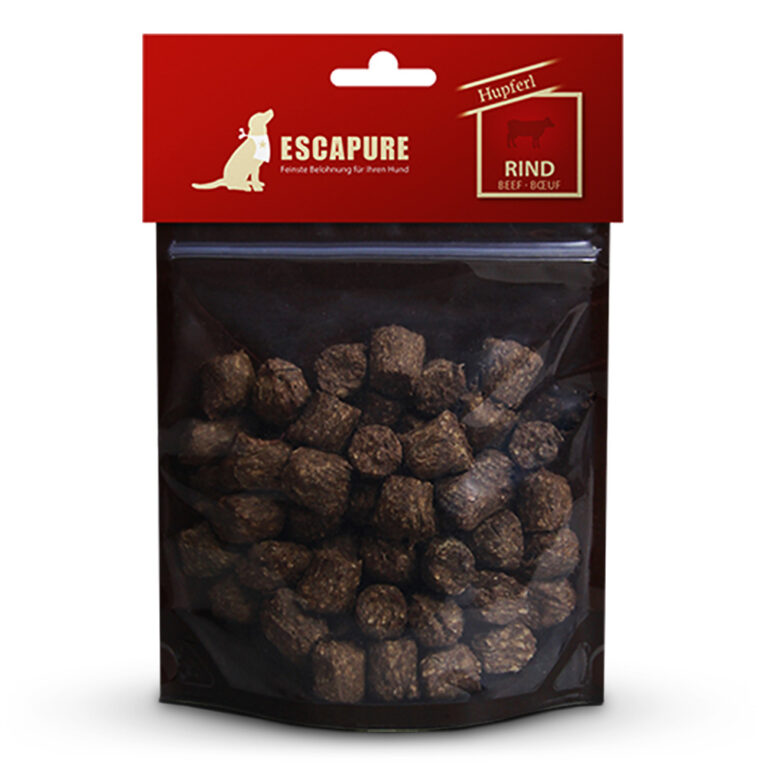 Escapure - Kausnack - Rinder Nockerl (getreidefrei) Die Rinder Nockerl von Escapure sind ein besonders schmackhaftes Hundeleckerli. Der Snack lässt sich optimal beim Hundetraining als Belohnungshappen oder als kleine Liebkosung für zwischendurch verwenden. Durch ihre praktische Form können die Nockerl problemlos mitgenommen werden. Auch Futterallergiker können von der getreidefreien Rezeptur mit nur einer Fleischsorte profitieren. Das Fleisch der Escapure Rinder Nockerl stammt zu annähernd 100% aus Rindfleisch. Durch die schonende und natürliche Lufttrocknung behält der Hundesnack seinen unwiderstehlichen Geruch und Geschmack bei. Zusätzlich ist das feine Leckerli von Escapure mit Buchenholzrauch veredelt. Die halbfeuchte