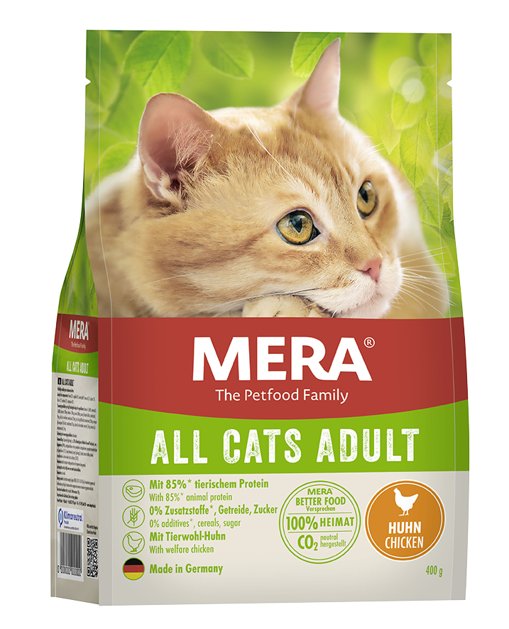Mera Cats All Cats Huhn 400 g MERA THE PETFOOD FAMILY. AUS LIEBE ZUM TIER UND ZUR NATUR. Wir lieben Tiere. Damit fing vor über 70 Jahren alles an. Mit dieser Liebe und mit dem Wunsch