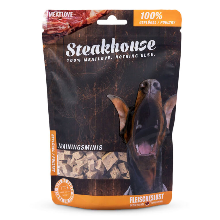 Fleischeslust - Hundesnack - Steakhouse Geflügel Minis luftgetrocknet (getreidefrei) Diese gesunden Belohnungssnacks von Fleischeslust können zum Training oder einfach zwischendurch verfüttert werden und sind geeignet für Hunde jeden Alters und jeder Rasse. Die Steakhouse-Geflügel Minis sind frei von unerwünschten Zusatzstoffen