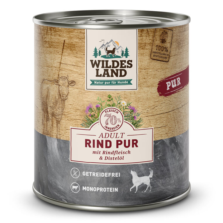 Wildes Land - Nassfutter - Rind PUR mit Distelöl 6 x 800 g Für das Wohlbefinden Ihres Hundes ist eine ausgewogene Ernährung unerlässlich. Das Wildes Land Nassfutter Rind PUR mit Distelöl versorgt Ihren Hund mit allen wichtigen Nährstoffen und ist zudem äußerst schmackhaft. Dieses Nassfutter aus hochwertigen Rohstoffen und Zutaten beinhaltet viel frisches Fleisch vom Rind. Neben Körpermuskelfleisch wird auch Herzmuskel verarbeitet