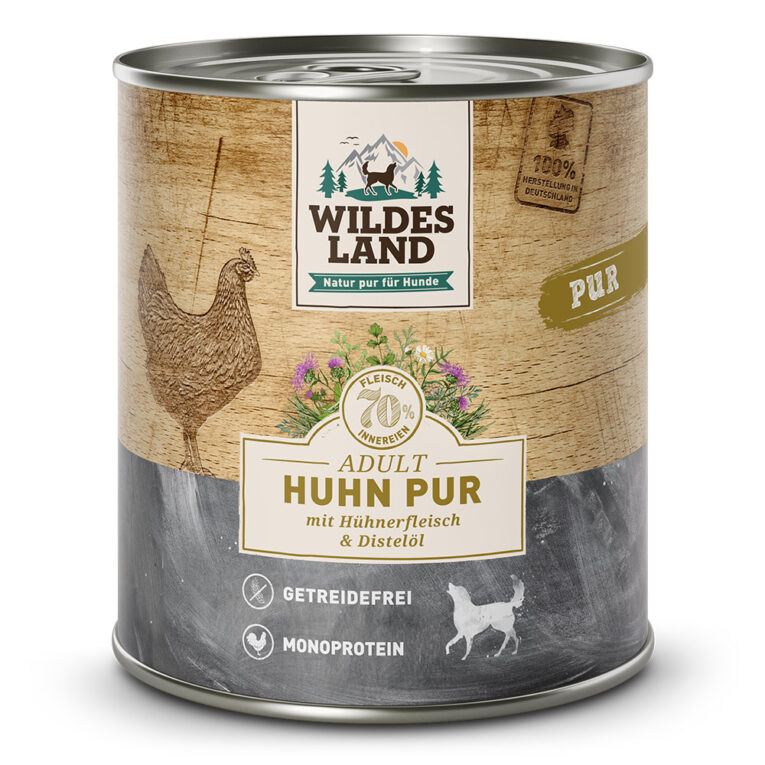 Wildes Land - Nassfutter - Huhn PUR mit Distelöl 6 x 800 g Für das Wohlbefinden Ihres Hundes ist eine ausgewogene Ernährung mit hochwertigen Proteinen unerlässlich. Das Nassfutter von Wildes Land basiert auf der Ursprünglichkeit und Kraft der Natur. Deshalb enthält die Sorte Huhn Pur von Wildes Land kein Getreide und nur eine hochwertige Proteinquelle für eine artgerechte Ernährung. Mit einem Gesamtanteil an Muskelfleisch und Innereien von mehr als 70 % besitzt es eine ausgezeichnete Akzeptanz und Verträglichkeit. Ergänzt wird die Rezeptur nur mit wertvollem Distelöl - kombiniert nach den neuesten wissenschaftlichen Erkenntnissen. Mit dem Wildes Land Nassfutter Huhn Pur wird Ihr Hund mit allen wichtigen Nährstoffen und Vitaminen versorgt