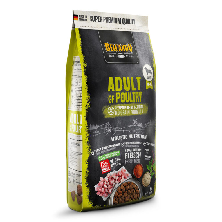 Belcando - Trockenfutter - Adult GF Poultry 1 kg Viele erwachsene Hunde leiden unter Futterunverträglichkeiten gegen Gluten oder Getreide. Aus diesem Grund entwickelte Belcando das Trockenfutter Adult GF Poultry. Das Getreide wird durch hochwertigen Amaranth ersetzt. Amaranth zählt zu den ältesten Nutzpflanzen der Menschheit und wurde bereits von den Azteken wegen seiner kraftspendenden Eigenschaften sehr geschätzt. Die Rezeptur aus schmackhaftem und gut verträglichem