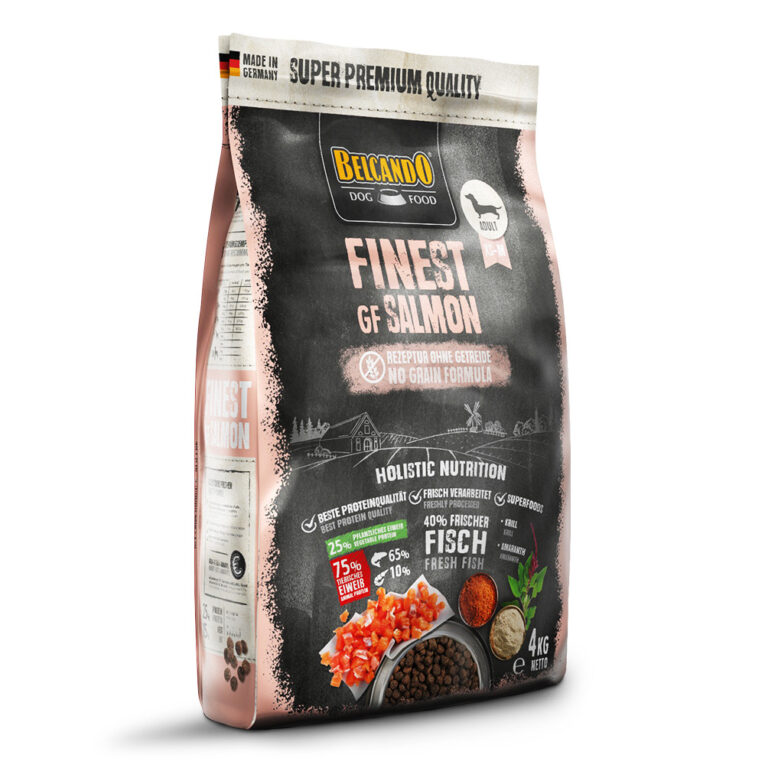 Belcando - Trockenfutter – Finest GF Salmon 4 kg Das Trockenfutter Finest GF Salmon von Belcando enthält als einzige tierische Proteinquelle Fisch. 40 % frischer Lachs machen das Futter zu einem Highlight im Hundenapf. Viele erwachsene Hunde leiden unter Futterunverträglichkeiten gegen Gluten oder Getreide. Das Getreide wird durch hochwertigen Amaranth ersetzt. Amaranth zählt zu den ältesten Nutzpflanzen der Menschheit und wurde bereits von den Azteken wegen seiner kraftspendenden Eigenschaften sehr geschätzt. Besonders saftig wird das Futter durch den Saucen-Effekt
