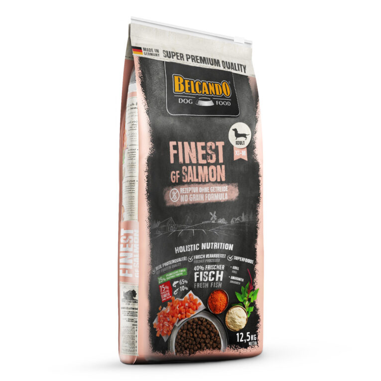 Belcando - Trockenfutter – Finest GF Salmon Das Trockenfutter Finest GF Salmon von Belcando enthält als einzige tierische Proteinquelle Fisch. 40 % frischer Lachs machen das Futter zu einem Highlight im Hundenapf. Viele erwachsene Hunde leiden unter Futterunverträglichkeiten gegen Gluten oder Getreide. Das Getreide wird durch hochwertigen Amaranth ersetzt. Amaranth zählt zu den ältesten Nutzpflanzen der Menschheit und wurde bereits von den Azteken wegen seiner kraftspendenden Eigenschaften sehr geschätzt. Besonders saftig wird das Futter durch den Saucen-Effekt