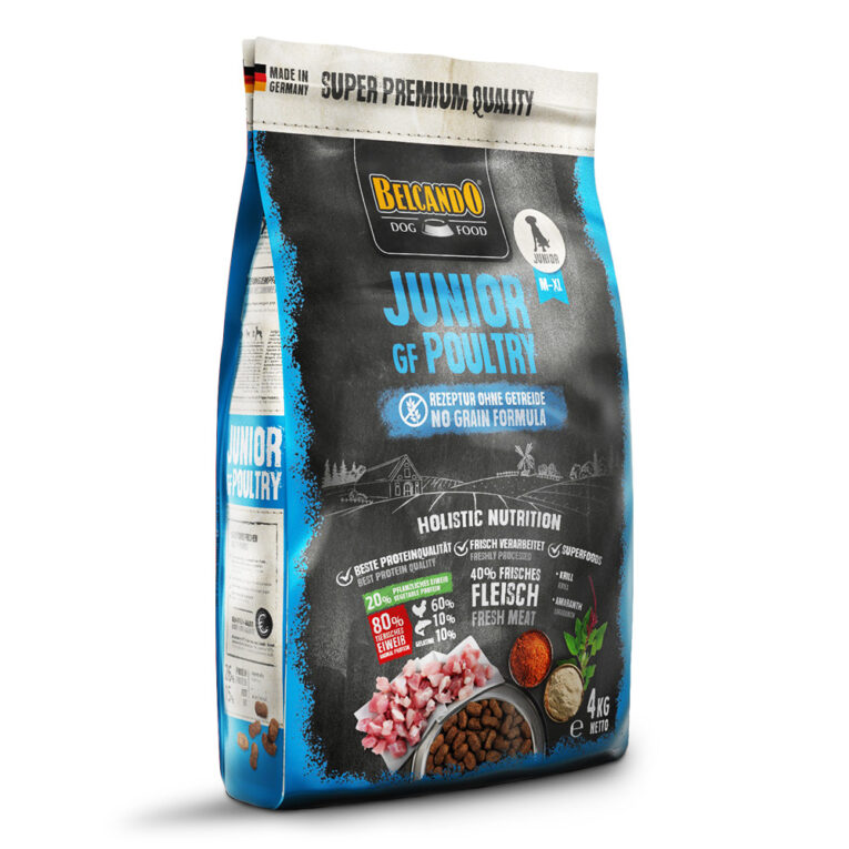Belcando - Trockenfutter - Junior GF Poultry 4 kg Schon im jungen Alter kann sich bei Hunden eine Unverträglichkeit oder Allergie entwickeln. Daher gibt es von Belcando das Trockenfutter Junior GF Poultry. Das Getreide wird durch hochwertigen Amaranth ersetzt. Amaranth zählt zu den ältesten Nutzpflanzen der Menschheit und wurde bereits von den Azteken wegen seiner kraftspendenden Eigenschaften sehr geschätzt. Die Rezeptur aus schmackhaftem und gut verträglichem Geflügelfleisch ermöglicht eine besonders ausgewogene Ernährung für ernährungsempfindliche Junghunde. Belcando Junior GF Poultry ist ohne die Verwendung von Getreide
