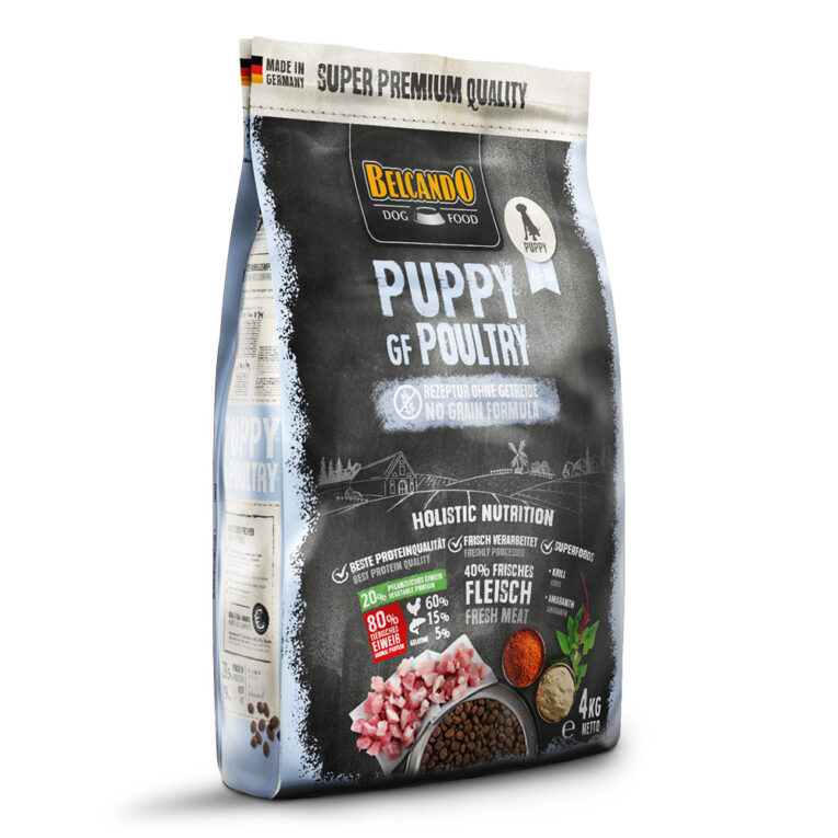 Belcando - Trockenfutter - Puppy GF Poultry 4 kg In der Rezeptur von Belcando Puppy GF Poultry wird Getreide durch hochwertigen Amaranth ersetzt. Amaranth zählt zu den ältesten Nutzpflanzen der Menschheit und wurde bereits von den Azteken wegen seiner kraftspendenden Eigenschaften sehr geschätzt. Die Rezeptur aus schmackhaftem und gut verträglichem Geflügelfleisch ermöglicht eine besonders ausgewogene Ernährung für ernährungsempfindliche Junghunde. Belcando Puppy GF Poultry ist ohne die Verwendung von Getreide