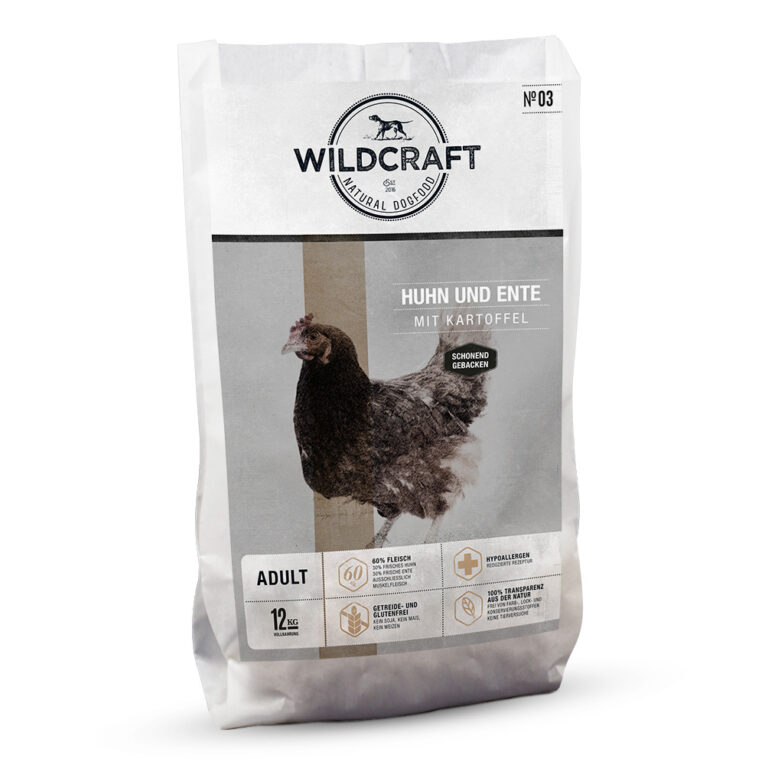 Wildcraft - Trockenfutter - Huhn und Ente mit Kartoffel (getreidefrei) Das besonders schmackhafte Hundefutter Huhn und Ente mit Kartoffel bietet natürliche und qualitativ hochwertige Zutaten und ist somit eine vollwertige Hausmannskost für Ihren Hund. Wildcraft Trockenfutter werden mit einem schonenden Backverfahren hergestellt. Diese bewusste und schonende Zubereitung des Futters aus frischen