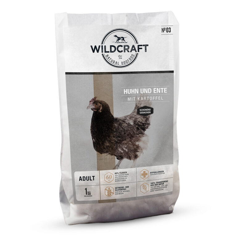 Wildcraft - Trockenfutter - Huhn und Ente mit Kartoffel (getreidefrei) Das besonders schmackhafte Hundefutter Huhn und Ente mit Kartoffel bietet natürliche und qualitativ hochwertige Zutaten und ist somit eine vollwertige Hausmannskost für Ihren Hund. Wildcraft Trockenfutter werden mit einem schonenden Backverfahren hergestellt. Diese bewusste und schonende Zubereitung des Futters aus frischen