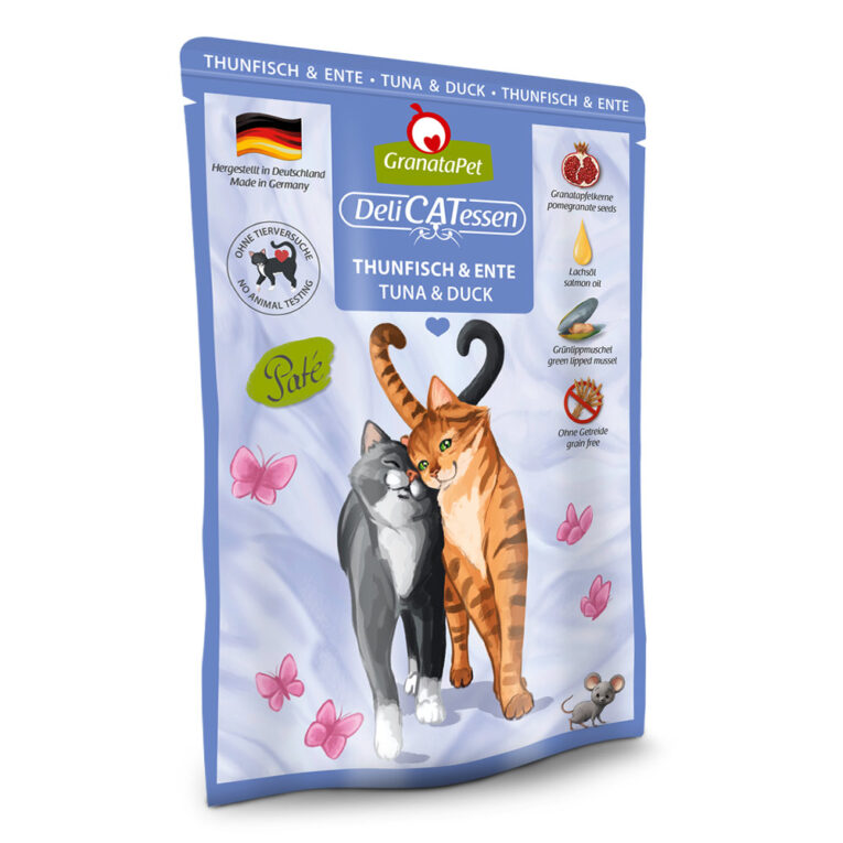 Thunfisch & Ente GranataPet DeliCATessen Nassfutter ist ein hochwertiges Alleinfuttermittel für ausgewachsene Katzen – ohne Getreide
