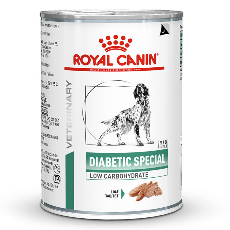 Royal Canin Veterinary Diet - Nassfutter - Diabetic Special Low Carbohydrate Mousse Alleinfuttermittel für Hunde zur Regulierung der Glucoseversorgung (Diabetes mellitus). EMPFOHLEN FÜR: Diabetes mellitus bei einem Body Condition Sore (BCS) von ≤ 6/9 Diabetes mellitus bei einem Body Condition Score ≥7/9 bis zur konstanten Einstellung des Blutzuckerspiegels NICHT GEEIGNET BEI: Wachstum