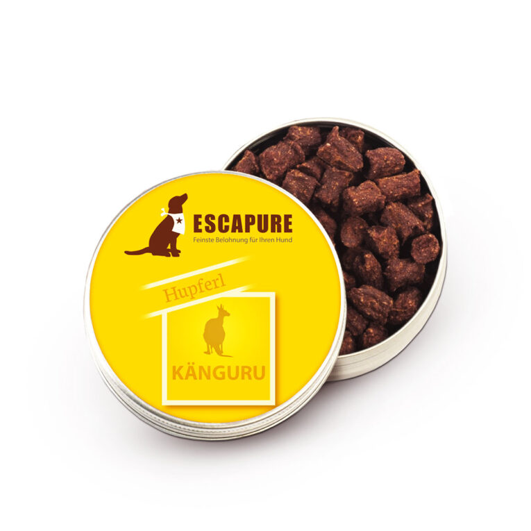 Escapure - Kausnack - Känguru Hupferldose (getreidefrei) Verpackt in der praktischen Dose passen die schmackhaften Motivationshupferl in jede Hosentasche und gehören in die mobile Ausstattung eines jeden Hundebesitzers. Sicher in der Dose verpackt