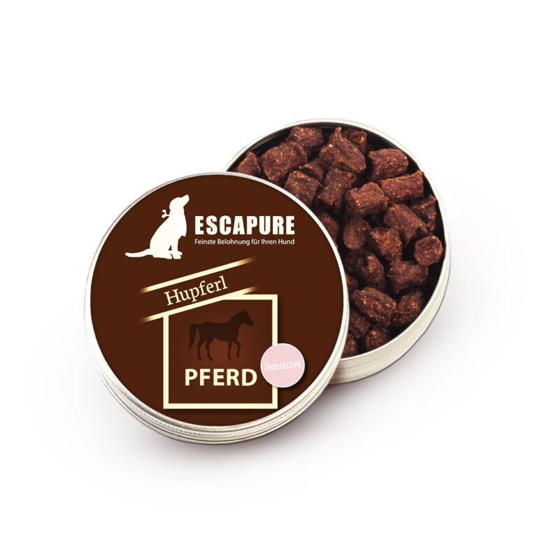 Escapure - Kausnack - Pferde Hupferldose (getreidefrei) Verpackt in der praktischen Dose passen die schmackhaften Motivationshupferl in jede Hosentasche und gehören in die mobile Ausstattung eines jeden Hundebesitzers. Sicher in der Dose verpackt