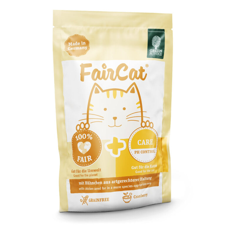 Green Petfood - Nassfutter - FairCat Care 32 x 85 g FairCat Care von Green Petfood überzeugt durch eine ausgeklügelte Rezeptur mit leicht verdaulichem Hühnchenfleisch aus artgerechter Haltung