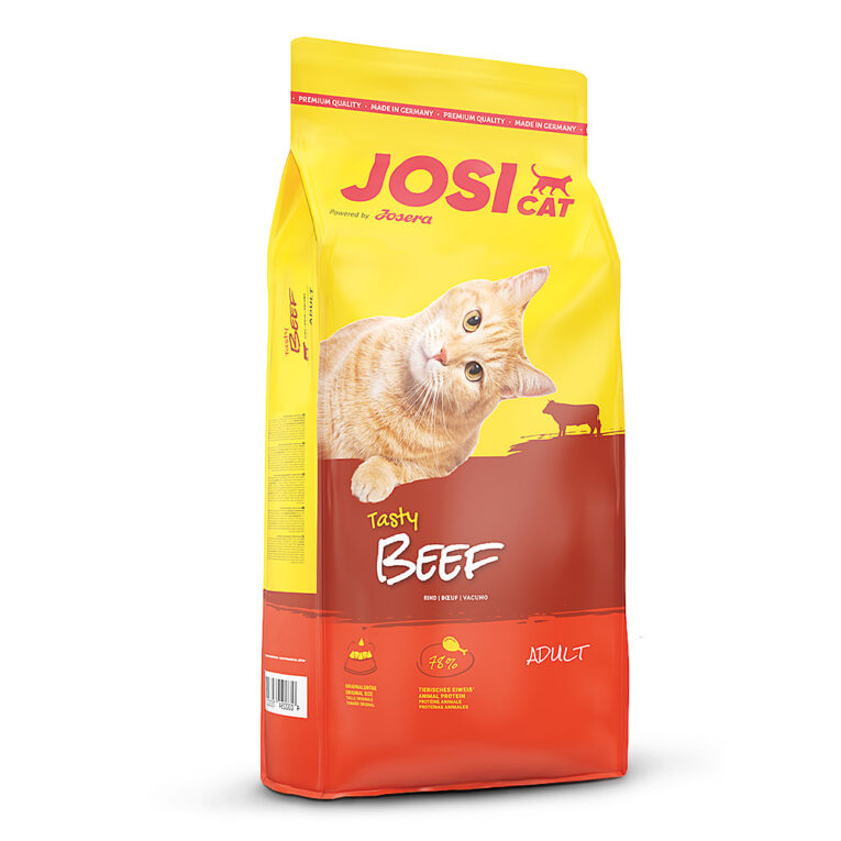 Josera - Trockenfutter - Tasty Beef 7 x 650 g Das Trockenfutter JosiCat Tasty Beef von Josera macht alle Rind-Liebhaber glücklich. Es besteht aus 78 % tierischem Eiweiß am Gesamprotein und versorgt dank der ausgewogenen Rezeptur Ihre ausgewachsene Wohnungskatze oder Freigänger mit allen lebensnotwendigen Inhaltsstoffen. Das schmackhafte Futter wird ohne Zusatz von künstlichen Farb-