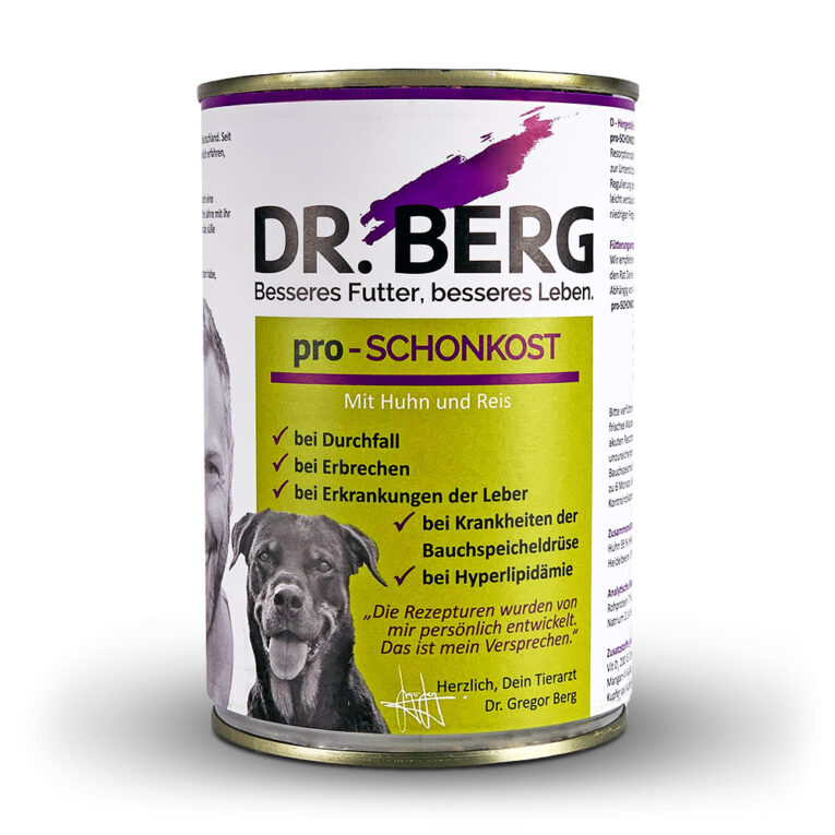 Dr. Berg - Nassfutter - pro-SCHONKOST mit Huhn und Reis Dann sollten Sie Ihrem Hund das Nassfutter pro-SCHONKOST füttern: wenn er unter Durchfall oder Erbrechen leidet