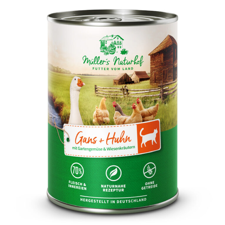 Müller’s Naturhof - Nassfutter - Gans & Huhn mit Gartengemüse und Wiesenkräutern (getreidefrei) Müller’s Naturhof Gans und Huhn mit Gartengemüse und Wiesenkräutern vereint das Beste vom Land zu einem hochwertigen