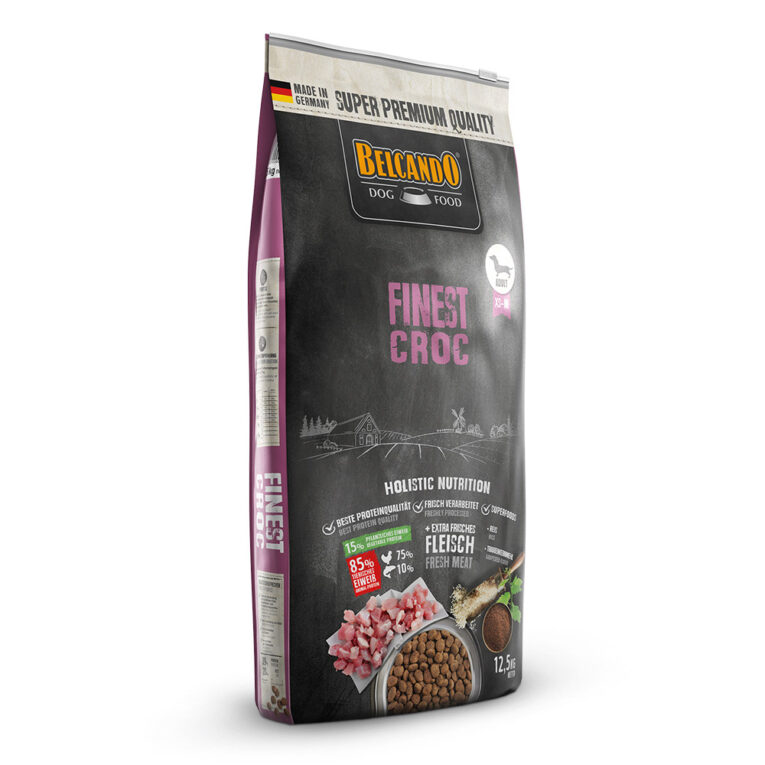 Belcando - Trockenfutter - Finest Croc Das Trockenfutter Finest Croc von Belcando enthält schmackhaftes Geflügelfleisch das mit gesunden Innereien wie Leber kombiniert wird. Bei der Herstellung wird 30% frisches Muskelfleisch verwendet