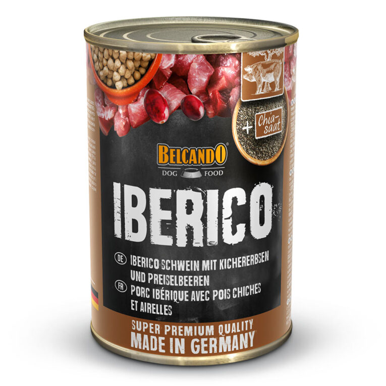 Iberico mit Kichererbsen Das hochwertige Nassfutter Iberico mit Kichererbsen ist ein echter Gaumenschmaus für Ihren Hund. Erhältlich mit vielen leckeren Zutaten wie Preiselbeeren und Kichererbsen