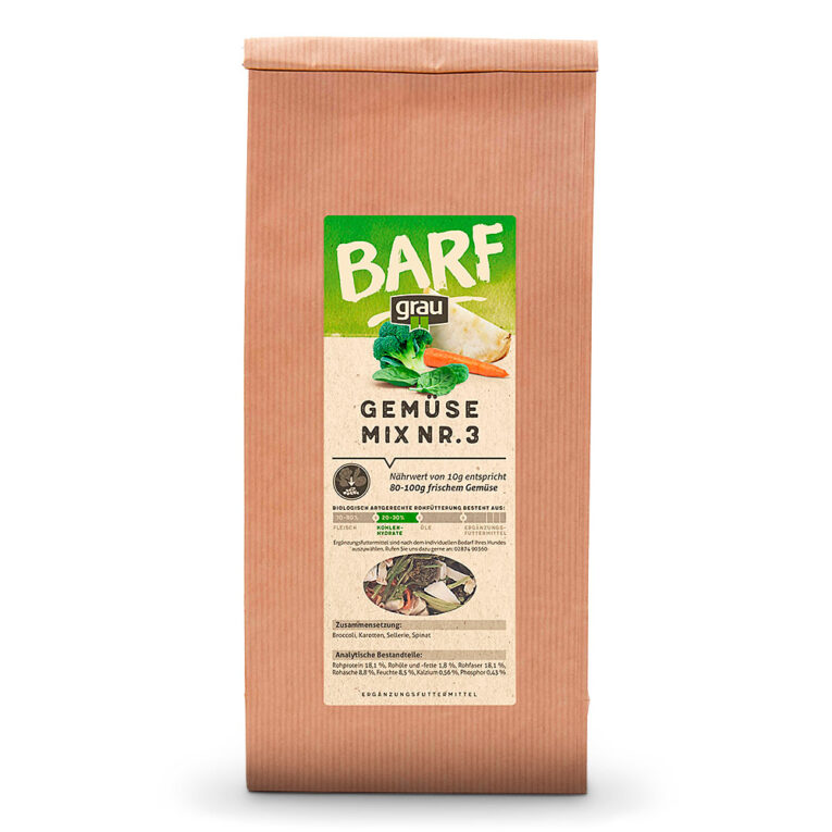 grau - Ergänzungsfutter - Gemüsemix Mischung Nr. 3 (getreidefrei) Die grau Gemüsemix Mischung Nr. 3 ist ein BARF-Ergänzungsfutter in Lebensmittelqualität zum Mischen mit Fleisch. Die Flocken sind reich an pflanzlichen Ballaststoffen