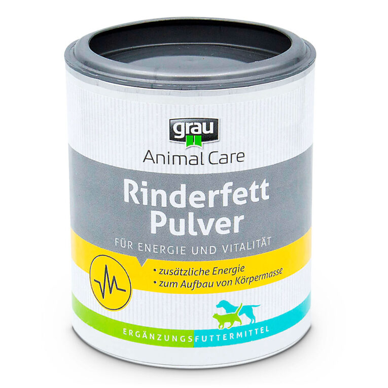 grau - Ergänzungsfutter - Rinderfettpulver Eine mit Glucose angereicherte Energiebombe! Das Rinderfettpulver wird sehr schnell vom Körper aufgenommen. Hierdurch erfolgt die sofortige Freisetzung der Kalorien für den direkten Energiebedarf. Rinderfettpulver ist auch eine vorzügliche Extra-Gabe zur Nahrung