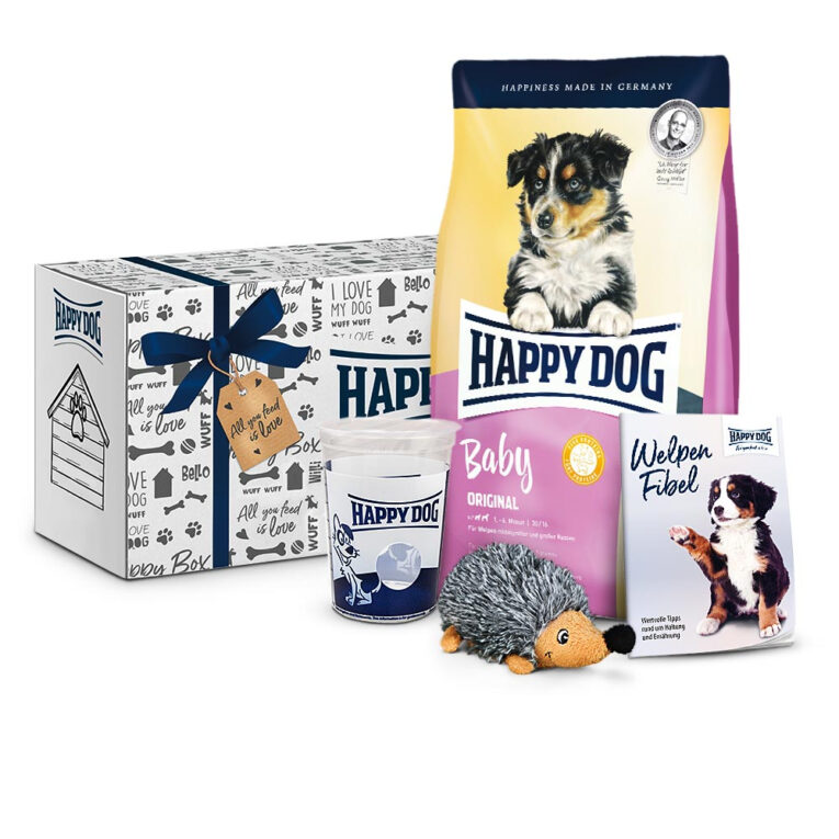 Die exklusive Welpen-Box stattet Ihrem Welpen für einen guten Start ins Leben aus. Die Happy Dog Welpenbox enthält: 1 kg Baby Original Trockenfutter Happy Dog Messbecher Spielzeug Igel Welpenfibel 1 x Überraschung