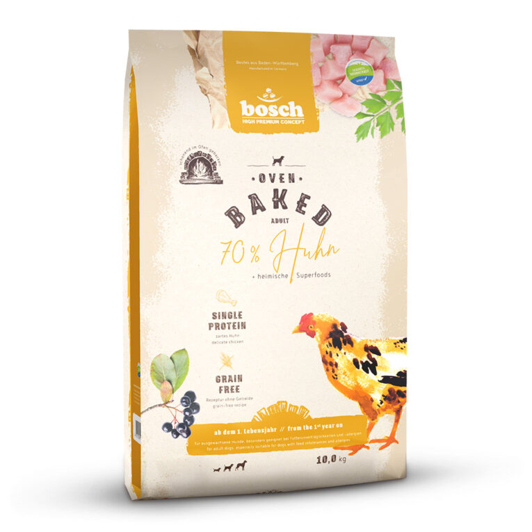 Oven Baked Huhn Durch das schonende Backen im Ofen bietet sich ein besonderes Geschmackserlebnis für Deine Fellnase. Die Proteine und essentiellen Vitamine unserer ausgewählten Rohstoffe bleiben auch während unseres speziellen Herstellungsverfahrens erhalten und machen unser Oven Baked zu einem sehr bekömmlichen Futter. Die knusprig gebackenen Kroketten unserer Oven Baked-Produkte sind für ausgewachsene Feinschmecker und viele Sensibelchen mit Futtermittelunverträglichkeiten bestens geeignet. Frisches Huhn ist eine natürliche Quelle für organisches Calcium und Phosphor und trägt zur Unterstützung des Knochenstoffwechsels Deiner Fellnase bei. Zudem zeichnet sich frisches Hühnerfleisch durch eine hohe Verdaulichkeit aus und ist eine äußerst leckere Proteinquelle. Mit Huhn als alleinige