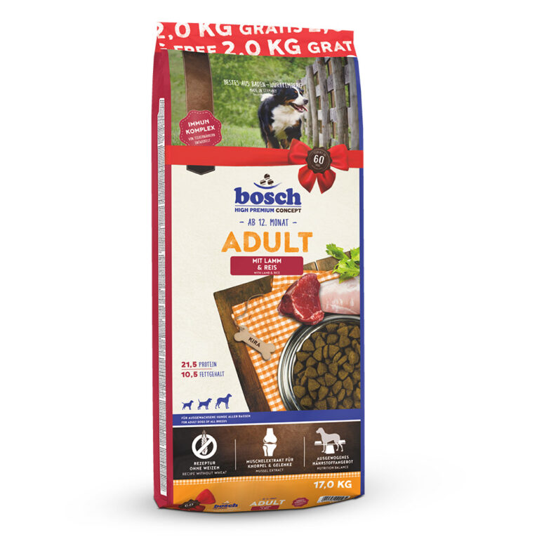 High Premium Concept Adult Lamm und Reis - 15 kg + 2 kg gratis Das Hundefutter Bosch High Premium Concept Adult Lamm und Reis ist ein vollwertiges Trockenfutter mit einem ausgewogenen Nährstoffprofil und viel leckerem Frischfleisch. Das weizenfreieTrockenfutter eignet sich durch seine hohe Verträglichkeit optimal zur Ernährung von ausgewachsenen Hunden aller Rassen mit normalem Energiebedarf. Mit seinem hohen Anteil an hochwertigem Protein aus Lamm und Geflügel ist das Bosch High Premium Concept Adult Lamm und Reis Trockenfutter eine optimale Grundlage zur artgerechten Ernährung Ihres Hundes. Hochverdauliche Kohlenhydratquellen und leckeres Gemüse liefern wichtige Ballast- und Mineralstoffe und leisten somit einen wichtigen Beitrag zur Gesundheit ihres Hundes. Ergänzt wird die Rezeptur durch ß-Glucane und Mannane