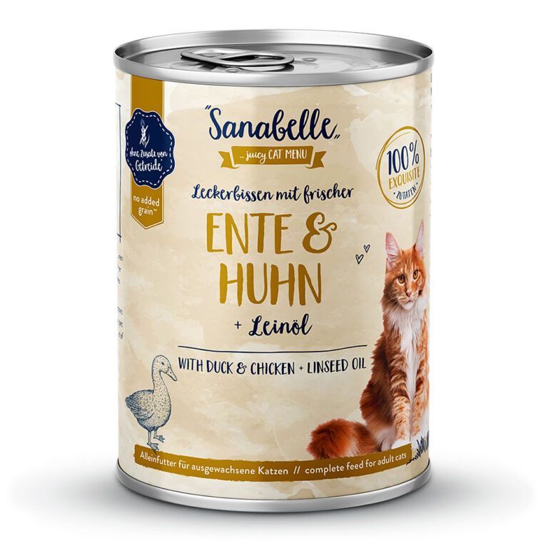 Adult mit Ente & Huhn Das Nassfutter Sanabelle Adult mit frischer Ente & Huhn mit Leinöl ist ein hochwertiges Alleinfutter für ausgewachsene Katzen in exzellenter All-Meat Qualität. Es wird komplett ohne Getreide hergestellt. Das Feinschmecker-Menü enthält neben frischer Ente (14 %) auch 30 % frisches Huhn sowie frische Innereien (24 %