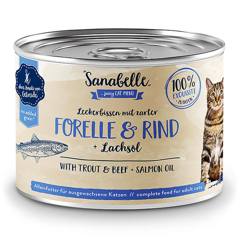 Adult Forelle & Rind Sanabelle Adult mit zarter Forelle & Rind mit Lachsöl ist ein hochwertiges Alleinfutter für ausgewachsene Katzen in exzellenter All-Meat Qualität. Das Nassfutter wird ohne Getreide hergestellt. Das Feinschmecker-Menü enthält neben frischer Forelle (20 %) auch 30 % frisches Rind sowie frische Innereien (18 %