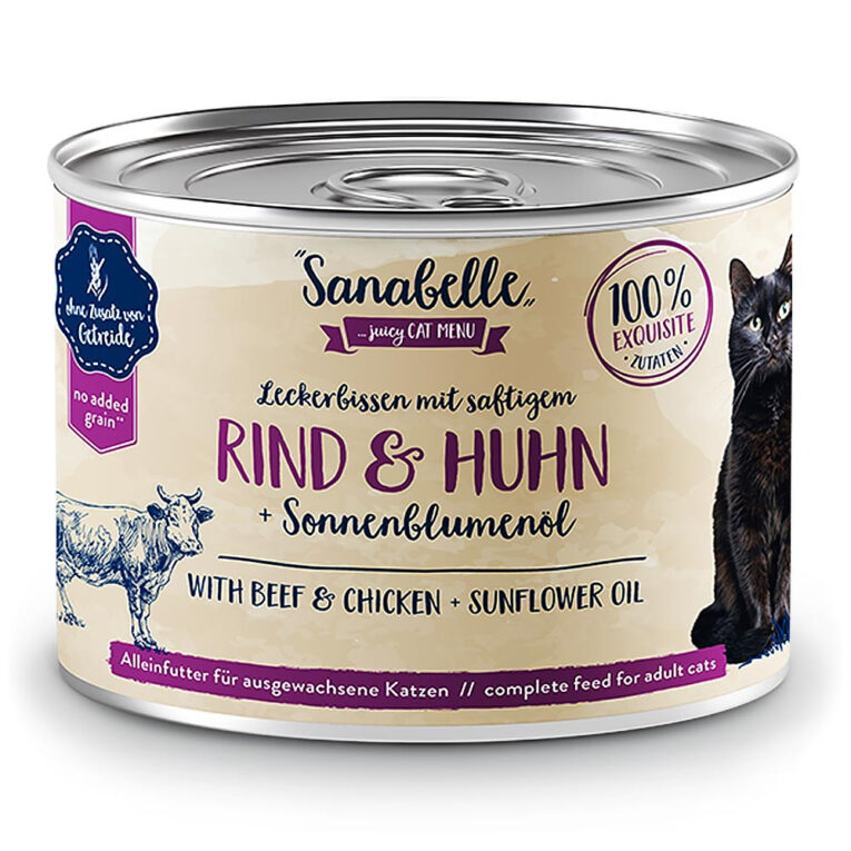 Adult Rind & Huhn Das Nassfutter Sanabelle Adult mit frischem Rind & Huhn mit Sonnenblumenöl ist ein hochwertiges Alleinfutter für ausgewachsene Katzen in exzellenter All-Meat Qualität