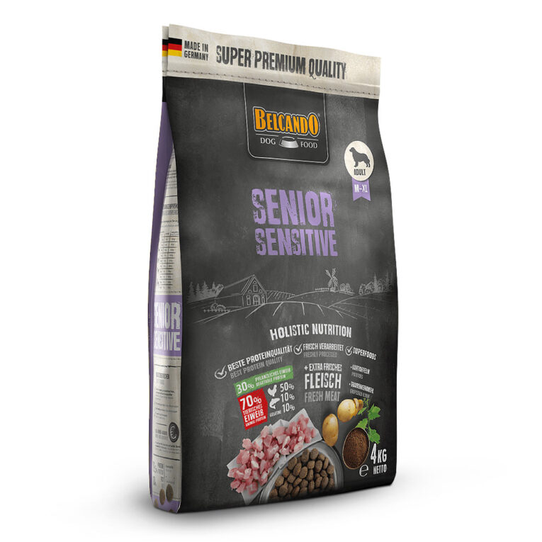Belcando - Trockenfutter - Senior Sensitive Das Trockenfutter Senior Sensitive von Belcando enthält schmackhaftes Geflügelfleisch. Bei der Herstellung wird 30% frisches Muskelfleisch verwendet