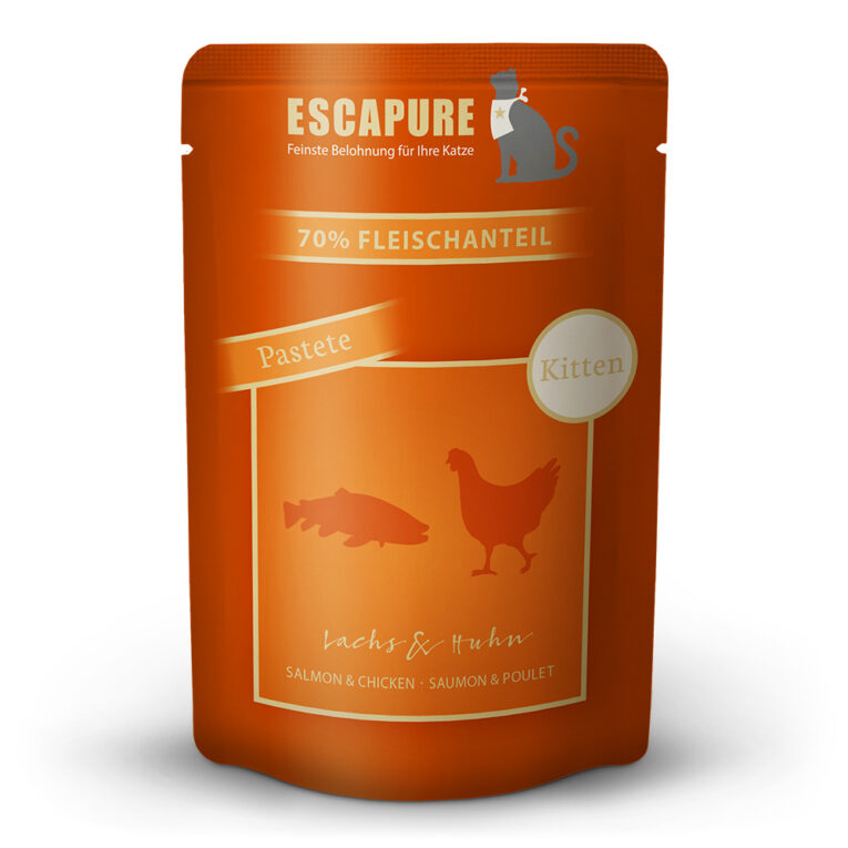 Pastete Kitten Lachs & Huhn Das Nassfutter Pastete Kitten Lachs & Huhn von Escapure ist ein Alleinfuttermittel für Kitten zur Unterstützung in der Wachstumsphase. Extra für junge Katzen wurde eine speziell Rezeptur entwickelt. Ein herrlich leckerer Geschmack aus Lachs & Huhn für alle Kleinen