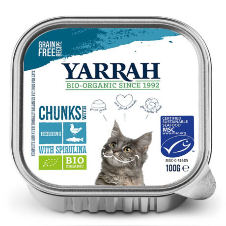Yarrah | Bio-Bröckchen mit Huhn, Hering & Spirulina | 16 x 100 g