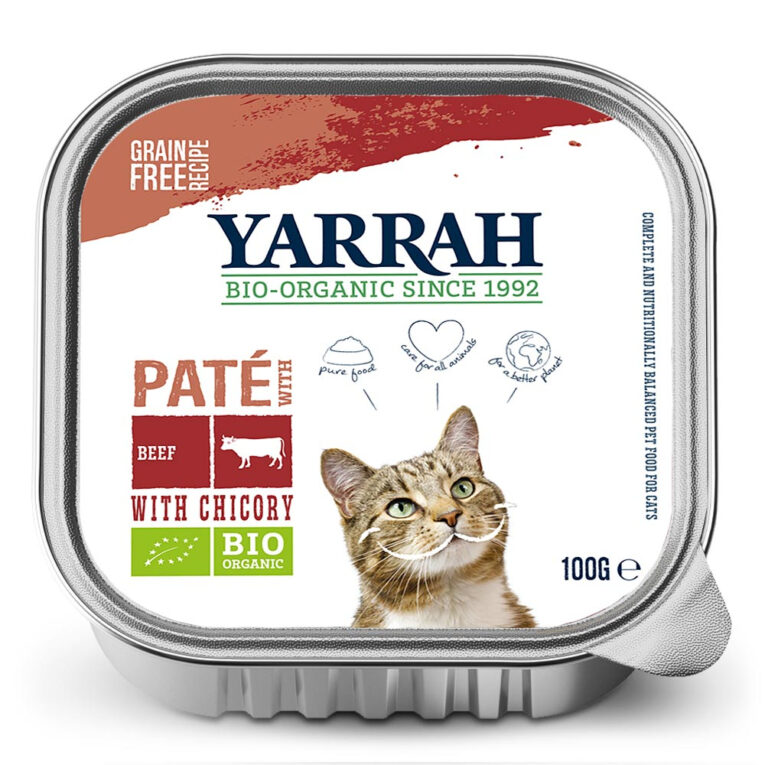 Yarrah - Nassfutter - Bio Paté mit Rind & Chicorée Das Bio Paté mit Rind & Chicorée Nassfutter von Yarrah bietet ein schmackhaftes und getreidefreies Alleinfuttermittel für ausgewachsene Katzen. Das Futter besteht zu 56% aus biologischem Huhn und Rind. Ein besseres Leben für alle Tiere steht hierbei im Vordergrund