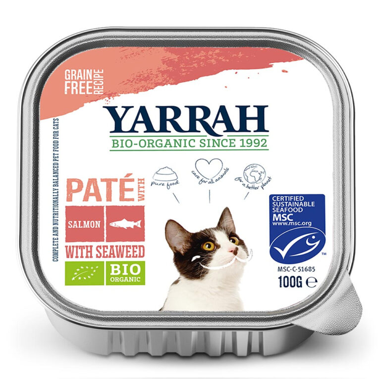 Yarrah - Nassfutter - Bio Paté mit Lachs & Meeresalge (getreidefrei) Das Bio Paté Nassfutter Lachs mit Meeresalge von Yarrah bietet ein schmackhaftes und getreidefreies Alleinfuttermittel für ausgewachsene Katzen. Die zarte Pastete besteht zu 77% aus biologischem Huhn und MSC-Lachs. Ein besseres Leben für alle Tiere steht hierbei im Vordergrund