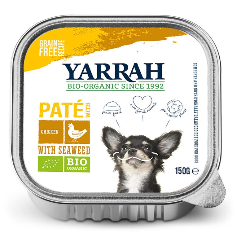 Yarrah - Nassfutter - Bio Paté mit Huhn & Meeresalgen (getreidefrei) Das Bio Paté Nassfutter mit Huhn & Meeresalgen von Yarrah bietet ein ausgewogenes und getreidefreies Alleinfuttermittel für ausgewachsene Hunde aller Rassen. Die Pastete besteht aus 55% biologischem Fleisch vom Huhn und Rind. Ein besseres Leben für aller Tiere steht hierbei im Vordergrund