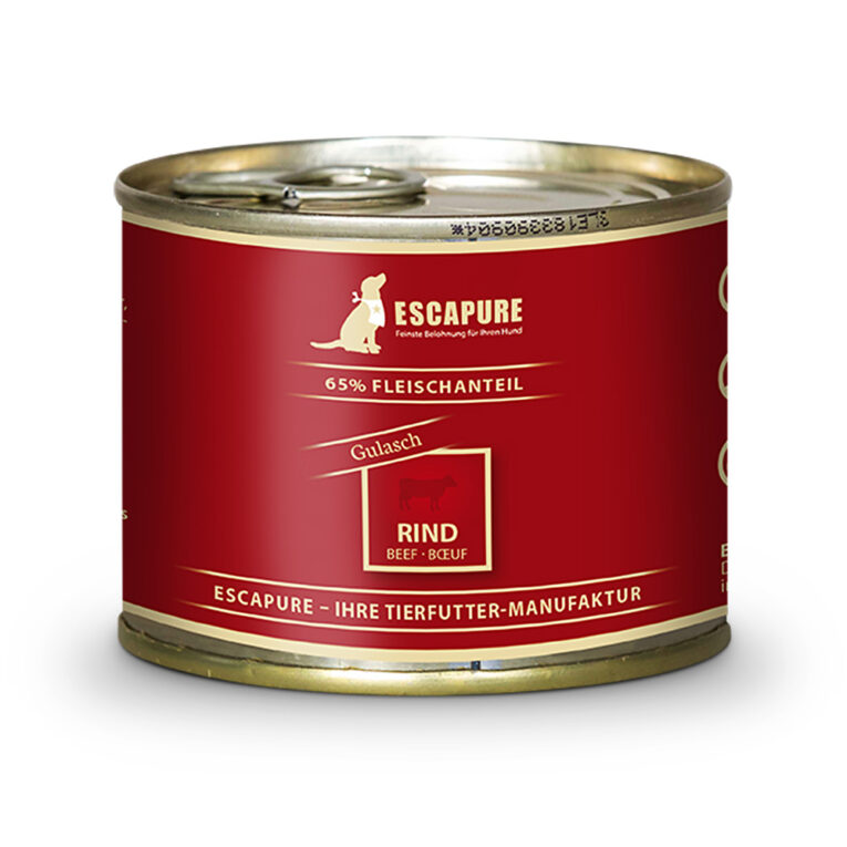 Escapure - Nassfutter - Rinder Gulasch Eine ausgewogene Ernährung für den Hund zu finden ist oftmals nicht einfach. Die Zusammensetzung sollte optimal auf die Ernährungsbedürfnisse des Hundes ausgelegt sein und alle wichtigen Nährstoffe