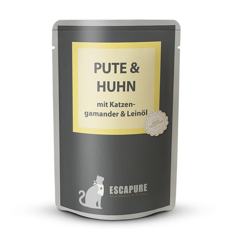 Escapure - Nassfutter - Pute und Huhn mit Katzengamander (getreidefrei) Das Nassfutter Pute und Huhn mit Katzengamander von Escapure ist eine leckere