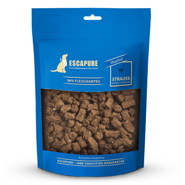 Escapure - Kausnack - Straussen Hupferl (getreidefrei) Das Escapure Straußen - Hupferl ist ein besonders schmackhafter Hundesnack. Der Snack lässt sich optimal als Belohnungshappen während des Hundetrainings oder als kleine Liebkosung für zwischendurch verwenden. Auch Futterallergiker können von der getreidefreien Rezeptur mit nur einer Fleischsorte profitieren. Das Fleisch der Escapure Hupferl stammt zu 100% aus Straußenfleisch. Durch die schonende Lufttrocknung mit Buchenholzaroma behält der Snack seinen unwiderstehlichen Geruch und Geschmack bei. Die Happen sind zu einer maulgerechten Form zerteilt und im praktischen Beutel verpackt. Der Escapure Straußenfleisch Hupferl im Überblick : Hundesnack aus nur einer Fleischsorte: Straußenfleisch Fleisch aus artgerechter