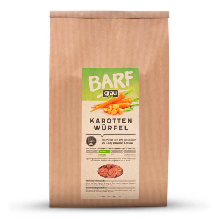 Karotten-Würfel Getrocknete Karotten-Würfel als BARF-Komponente zur Schonkost .Beta Carotin und Vitamin A unterstützen Augen