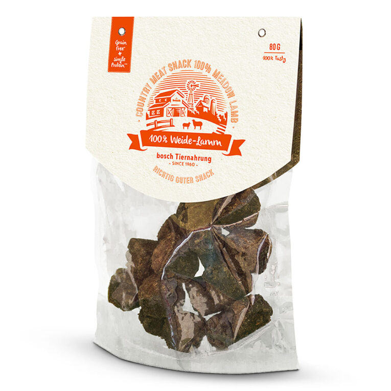 Bosch - Hundesnack - Country Meat-Snack Lamm (getreidefrei) Die saftigen Country Meat-Snacks enthalten viel frisches Lammfleisch. Die Snacks bestehen zu 98% aus tiereischem Protein und sind so besonders schmackhaft. Dank des hohen Fleischanteils erfreuen sich die Snacks großer Beliebtheit bei Hunden und sind gleichzeitig gut bekömmlich. Durch die getreidefreie Rezeptur sind sie auch ideal für ernährungssensible Hunde geeignet. Da zudem Lamm als einzige tierische Proteinquelle verwendet wird
