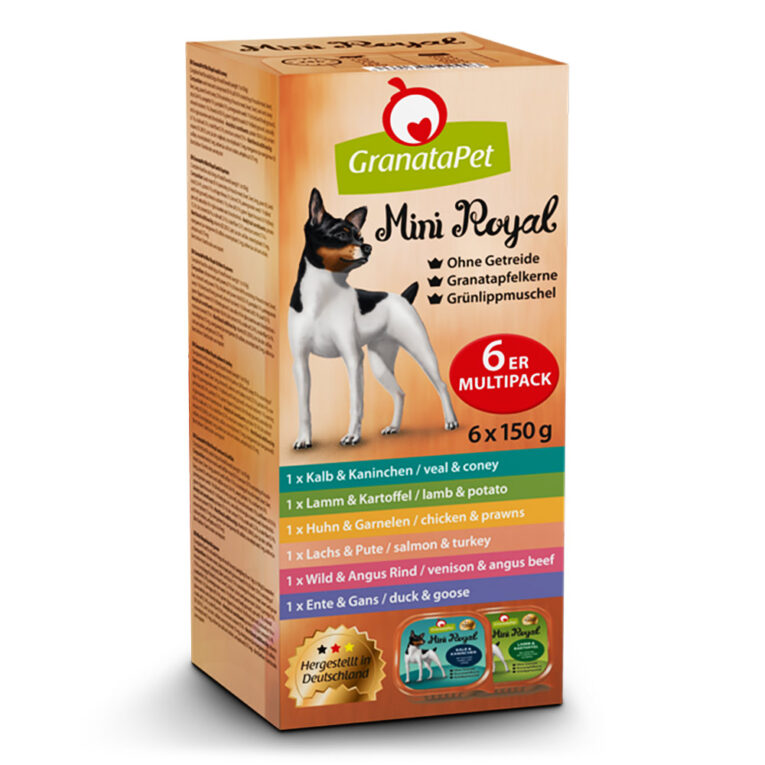 GranataPet - Nassfutter - Mini Royal Multipack (getreidefrei) GranataPet Mini Royal Nassfutter ist sich ideal zum Ausprobieren! Das Multipack enthält alle adult Nassfuttersorten der Linie Mini Royal und schafft somit einen Überblick über die glutenfreie Futterlinie. Das Nassfutter von Mini Royal eignet sich für alle ausgewachsenen Hunde kleinerer Rassen bis zu einem Körpergewicht von 10kg. Jede Sorte basiert auf einer schmackhaften Rezeptur
