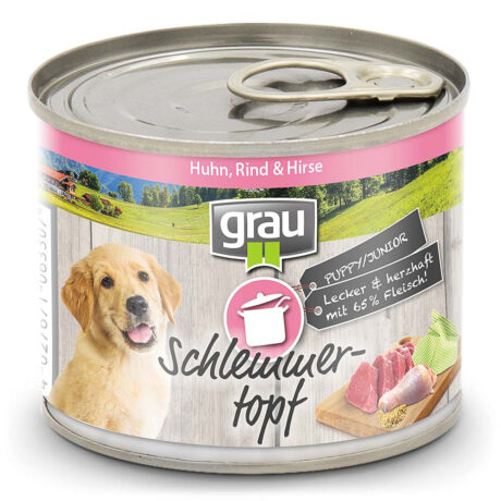 grau | Puppy/Junior mit Huhn, Rind & Hirse | Schlemmertopf | 6 x 200 g