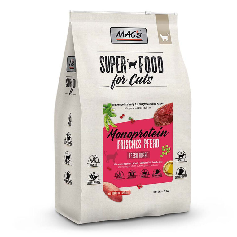 MAC's Cat Mono Pferd Trockenfutter 7 kg MAC’s Monoprotein Pferd besteht aus nur einer Fleischsorte als Proteinlieferant und Süßkartoffel und Erbsen als Kohlenhydratquelle. Mono eignet sich ideal bei empfindlichen Katzen und ist zur Ausschlussdiät geeignet. Die getreidefreie Vollnahrung wurde entwickelt